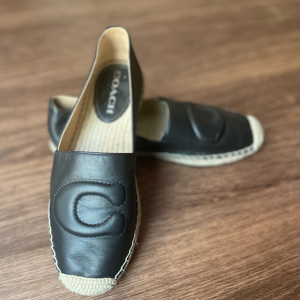 Coach Black Leather Espadrille Flats | Quilted C Logo | Size 7.5 | Excellent